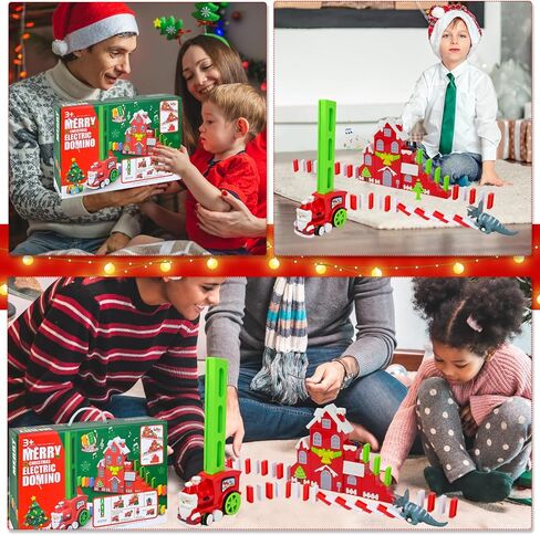 مجموعة قطار دومينو مع قلعة موسيقية من نيراجرون، قطار دومينو اوتوماتيكي، 200 قطعة من مكعبات الدومينو، لعبة قطار دومينو للكريسماس، العاب بناء وتكديس للاطفال، هدايا العاب ابداعية للاولاد والبنات من سن in Kuwait