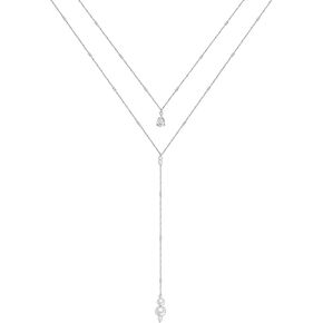 FLYOW Double Layered Necklace S925 Sterling Silver Y Shape Lariat Necklace Long Chain Women Girls Jewelry