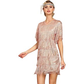 PrettyGuide Women's Flapper Dresses with Sleeves Tiered Long Fringed Sequin 1920s Great Gatsby Cocktail Dress Costume