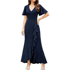 CARROTMOB Womens Split Long Formal Dresses V Neck Short Sleeve Ruffle Evening Cocktail Bodycon Dress