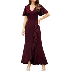 CARROTMOB Womens Split Long Formal Dresses V Neck Short Sleeve Ruffle Evening Cocktail Bodycon Dress