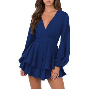 Hocuos Women's Long Lantern Sleeve Plunging V Neck Dress Tie Waist Layer Ruffle Hem A Line Swing Casual Short Mini Dress