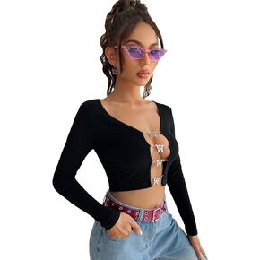 Floerns Women's Butterfly Chain Linked Long Sleeve Rib Knit Crop Top T Shirt
