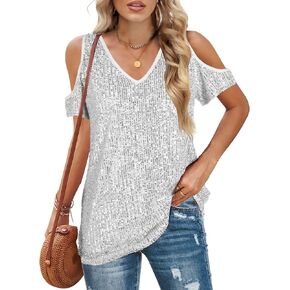 ALLTB Sequin Cold Shoulder Tops for Women Sparkly Glitter Rhinestone Shirts Party Sexy V Neck Short Sleeve Tee