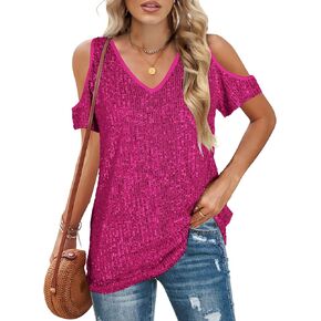 ALLTB Sequin Cold Shoulder Tops for Women Sparkly Glitter Rhinestone Shirts Party Sexy V Neck Short Sleeve Tee