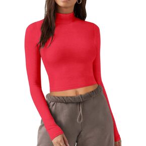 REORIA Women's Cute Mock Turtleneck Long Sleeve Ribbed Tight Tshirts Crop Tops in Kuwait