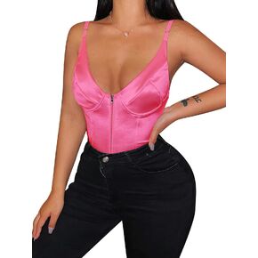 Velius Women's Sexy Deep V Neck Front Zipper Shiny Tank Tops Underwire Bodysuit