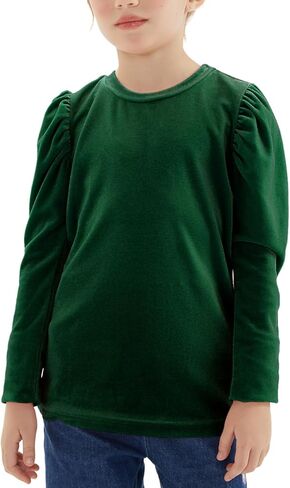 Noomelfish Girls Velvet Puff Long Sleeve Shirt Casual Solid Pleated Blouse Tops (5-12 Years) in Saudi Arabia
