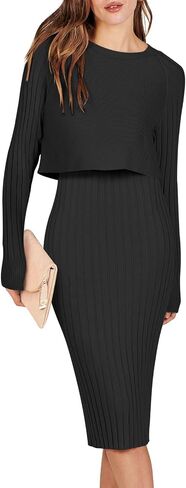 ANRABESS Women Casual Two Piece Outfits Long Sleeve Ribbed Knit Crop Top and Bodycon Midi Dresses Pullover Sweater Sets in Saudi Arabia