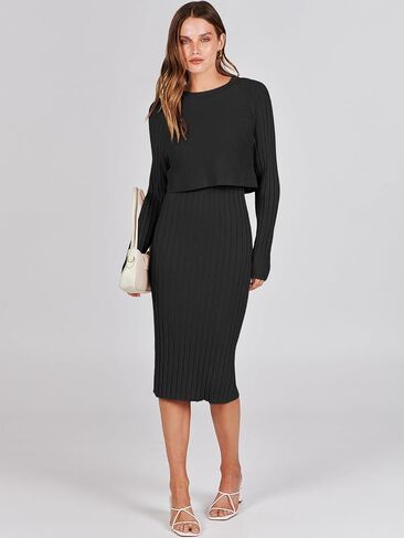 ANRABESS Women Casual Two Piece Outfits Long Sleeve Ribbed Knit Crop Top and Bodycon Midi Dresses Pullover Sweater Sets in Saudi Arabia