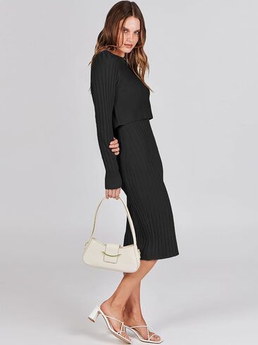 ANRABESS Women Casual Two Piece Outfits Long Sleeve Ribbed Knit Crop Top and Bodycon Midi Dresses Pullover Sweater Sets in Saudi Arabia