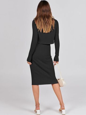 ANRABESS Women Casual Two Piece Outfits Long Sleeve Ribbed Knit Crop Top and Bodycon Midi Dresses Pullover Sweater Sets in Saudi Arabia