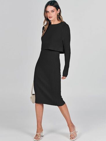 ANRABESS Women Casual Two Piece Outfits Long Sleeve Ribbed Knit Crop Top and Bodycon Midi Dresses Pullover Sweater Sets in Saudi Arabia