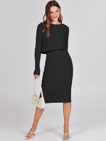 ANRABESS Women Casual Two Piece Outfits Long Sleeve Ribbed Knit Crop Top and Bodycon Midi Dresses Pullover Sweater Sets in Saudi Arabia