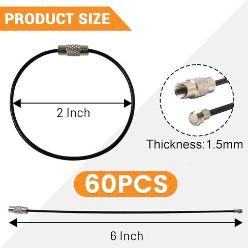 جي اس ان ام اي 60 قطعة 6 انش 2 ملم سلسلة مفاتيح سلكية من الستانلس ستيل سلسلة مفاتيح سلك شديد التحمل لحقائب السفر والبطاقات، حلقات لحمل البطاقات الرياضية والسفر، اسود، مقاس L, أسود, Large in Kuwait