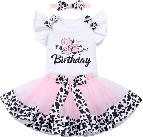 ODASDO Baby Girl Toddler Kids Farm Animal Cow Theme 1st 2nd 3rd Birthday Party Cake Smash Outfit Romper Tutu Headband in Kuwait
