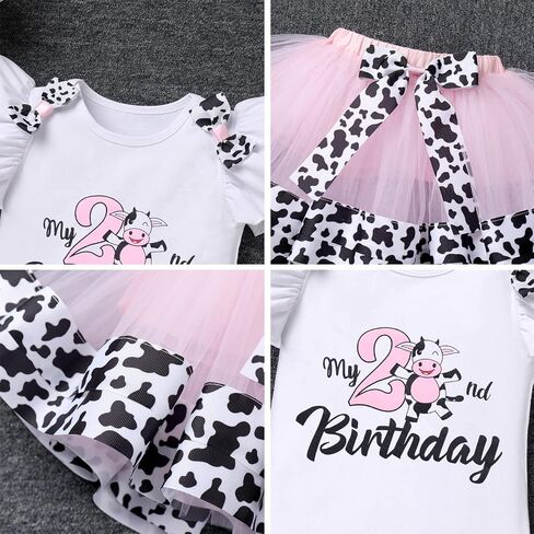ODASDO Baby Girl Toddler Kids Farm Animal Cow Theme 1st 2nd 3rd Birthday Party Cake Smash Outfit Romper Tutu Headband in Kuwait