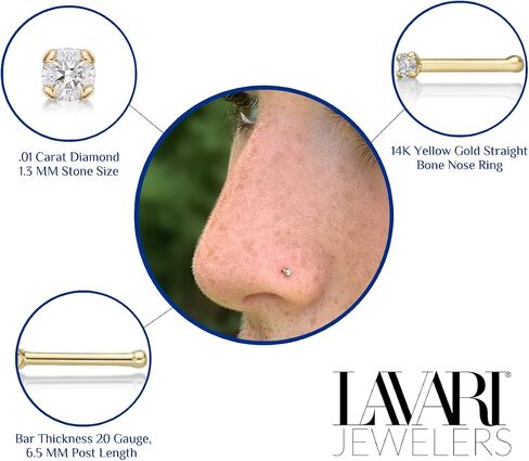 20 Gauge Straight Bone Stud Nose Ring for Women in 14k White or Yellow Gold with 0.01 to 0.07 Carat Diamond by Lavari Jewelers in Saudi Arabia