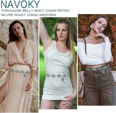 Navoky الفيروز بطن الجسم سلاسل الرجعية الفضة الخصر سلسلة الغربية حزام سلسلة Concho أحزمة بوهو الجسم اكسسوارات مجوهرات للنساء والفتيات (S) in Saudi Arabia