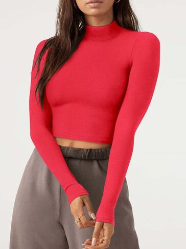 REORIA Women's Cute Mock Turtleneck Long Sleeve Ribbed Tight Tshirts Crop Tops in Kuwait