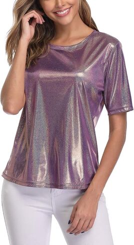 Shiny Tops for Women Metallic Holographic Shirt Party Shimmer Sparkle Disco T-Shirt in Kuwait