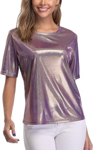 Shiny Tops for Women Metallic Holographic Shirt Party Shimmer Sparkle Disco T-Shirt in Kuwait
