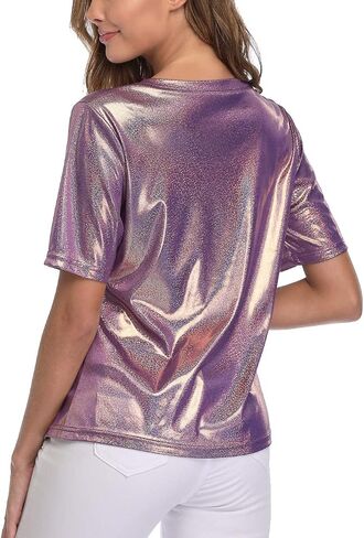 Shiny Tops for Women Metallic Holographic Shirt Party Shimmer Sparkle Disco T-Shirt in Kuwait