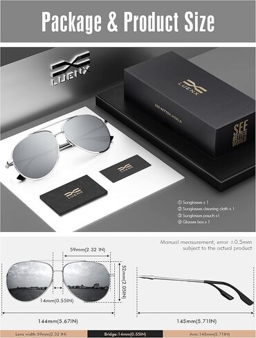 نظارات شمسية LUENX Aviator للنساء والرجال بعدسات مستقطبة مع إكسسوارات - حماية من الأشعة فوق البنفسجية 400 60 ملم in Kuwait