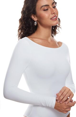 INLYRIC Women's Cozzifree Long Sleeve Bodysuit Boat Neck Stretchy Basic Tops in Kuwait
