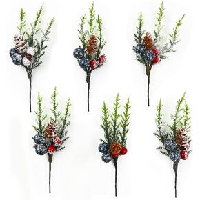Asikkon الاصطناعي عيد الميلاد التوت الأحمر ينبع فروع الصنوبر الاصطناعي 6 حزمة التوت الأحمر الصنوبر فو يختار لعيد الميلاد الشتاء عطلة زهرة ترتيبات هدية حفلة زينة شجرة عيد الميلاد، B-6PCS in Kuwait