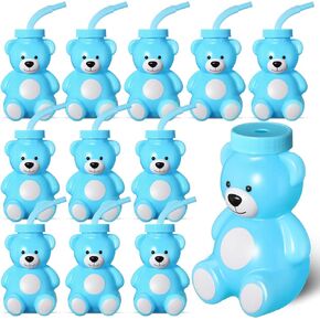 Maxdot 12 Pieces Bear Cups with Straws and Lids Birthday Party Favor Gift Supplies 10 oz Plastic Bear Shape Cup Reusable Creative Cups Bulk for Baby Shower Kids Birthday Wedding Party Favors(Blue)