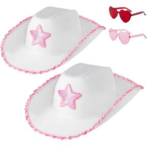 قبعة راعية البقر البيضاء من D-Fokes مع نظارات وأقراط على شكل قلب وردي - قبعة رعاة البقر مع نجوم ترتر، قبعة الأميرة، دعائم تنكرية للهالوين، قبعة حفلات راعية البقر العتيقة، تناسب معظم الفتيات والنساء in Kuwait