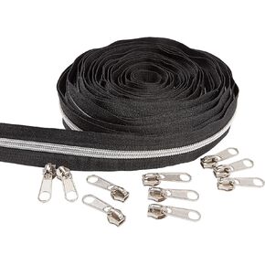 BENECREAT 11 Yards #3 Plastic Zipper with 20PCS Ring Sliders Heavy Duty Zippers Replacement for DIY Sewing Tailor Crafts Bags Tents, Black