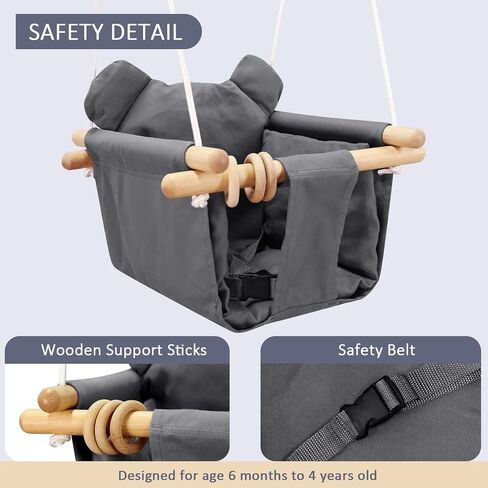 ارجوحة اطفال خشبية امنة للاستخدام في الاماكن المغلقة والمفتوحة، كرسي ارجوحة معلق للرضع مع وسادة قماش، مجموعات ارجوحة للفناء الخلفي in Kuwait