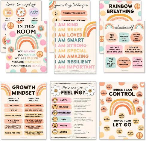 LARKINROAD Set of 4 Boho Classroom Decor Posters (11in x14in) Calm Corner Feelings Chart For Kids Classroom Posters Therapy Office Decor Therapy Posters Aesthetic Classroom Decor in Kuwait