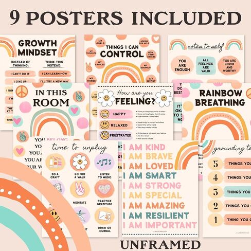 LARKINROAD Set of 4 Boho Classroom Decor Posters (11in x14in) Calm Corner Feelings Chart For Kids Classroom Posters Therapy Office Decor Therapy Posters Aesthetic Classroom Decor in Kuwait