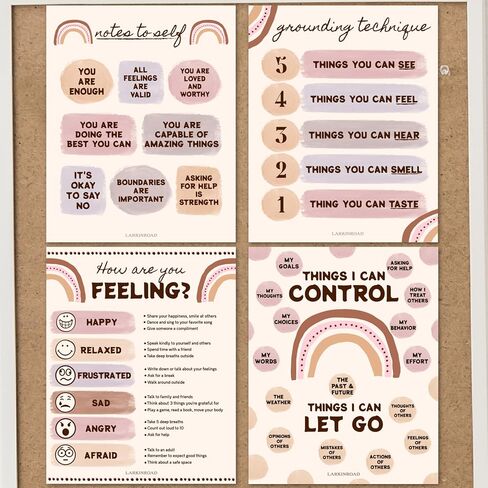 LARKINROAD Set of 4 Boho Classroom Decor Posters (11in x14in) Calm Corner Feelings Chart For Kids Classroom Posters Therapy Office Decor Therapy Posters Aesthetic Classroom Decor in Kuwait