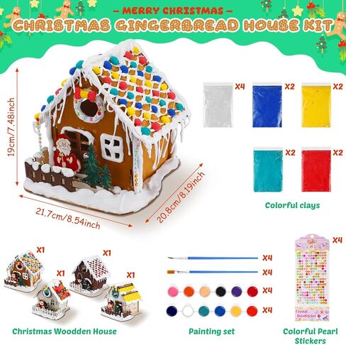 مجموعة أدوات عيد الميلاد المكونة من 24 قطعة من Poen، مجموعة أدوات منزل خبز الزنجبيل لعيد الميلاد، تتضمن منزل خبز الزنجبيل الخشبي، طلاء DIY، فرشاة طلاء، ملصقات، طين للأطفال الأولاد والبنات ومستلزمات ألعاب حفلات عيد الميلاد in Kuwait