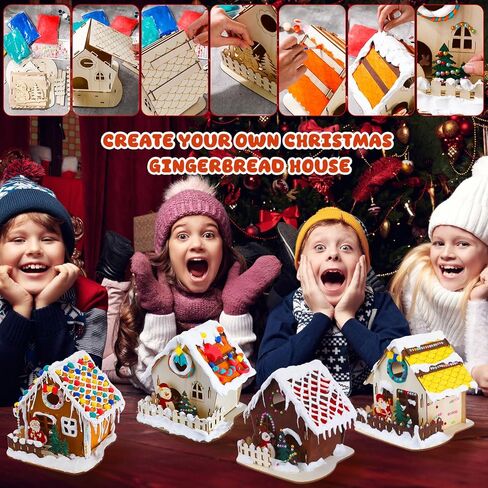 مجموعة أدوات عيد الميلاد المكونة من 24 قطعة من Poen، مجموعة أدوات منزل خبز الزنجبيل لعيد الميلاد، تتضمن منزل خبز الزنجبيل الخشبي، طلاء DIY، فرشاة طلاء، ملصقات، طين للأطفال الأولاد والبنات ومستلزمات ألعاب حفلات عيد الميلاد in Kuwait