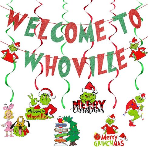 مرحبًا بك في لافتة Whoville باللون الأحمر والأخضر Grinch Whoville ديكورات عيد الميلاد Grinch Whoville ديكورات Merry Grinchmas لافتة لGrinch Christmas Vacation Holiday وحفلات أعياد الميلاد in Kuwait