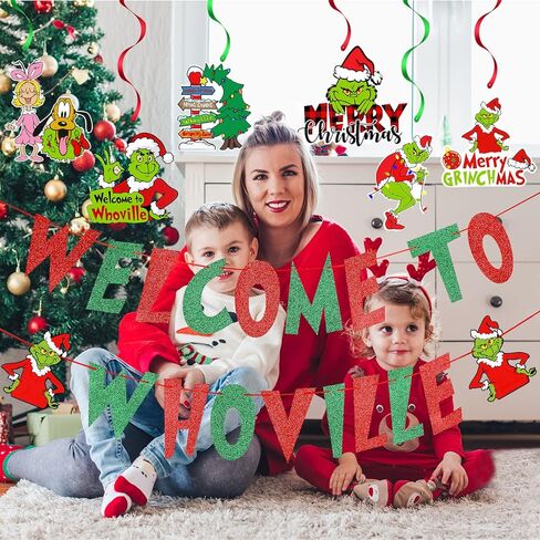 مرحبًا بك في لافتة Whoville باللون الأحمر والأخضر Grinch Whoville ديكورات عيد الميلاد Grinch Whoville ديكورات Merry Grinchmas لافتة لGrinch Christmas Vacation Holiday وحفلات أعياد الميلاد in Kuwait