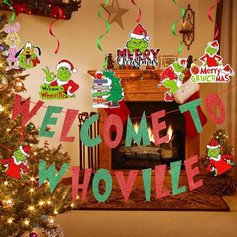 مرحبًا بك في لافتة Whoville باللون الأحمر والأخضر Grinch Whoville ديكورات عيد الميلاد Grinch Whoville ديكورات Merry Grinchmas لافتة لGrinch Christmas Vacation Holiday وحفلات أعياد الميلاد in Kuwait
