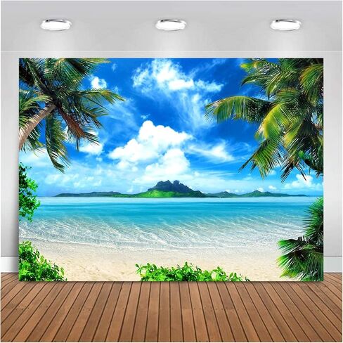 Summer Theme Photo Ocean Blue Sky Seaside Tropical Palm Trees Luau Birthday Party Decor Banner 82x60in in Saudi Arabia
