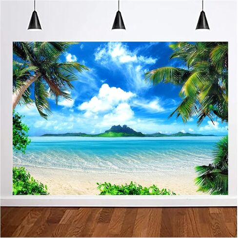 Summer Theme Photo Ocean Blue Sky Seaside Tropical Palm Trees Luau Birthday Party Decor Banner 82x60in in Saudi Arabia