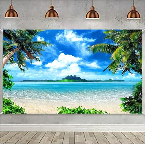 Summer Theme Photo Ocean Blue Sky Seaside Tropical Palm Trees Luau Birthday Party Decor Banner 82x60in in Saudi Arabia