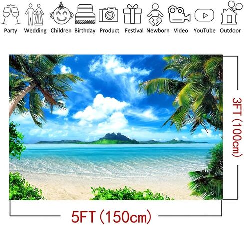 Summer Theme Photo Ocean Blue Sky Seaside Tropical Palm Trees Luau Birthday Party Decor Banner 82x60in in Saudi Arabia