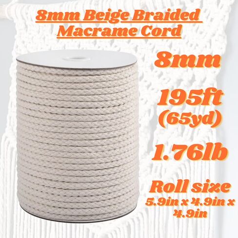CAQUBO Braided Macrame Cord 8mm x 65 Yards, Beige, Unbleached Natural Braided Cotton Cord, Braided Rope for Crafts, Chunky Casing Shape Rope, Natural Macrame Supplies for Plant Hanger Wall Hanging in Kuwait