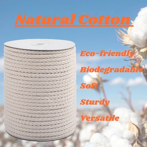CAQUBO Braided Macrame Cord 8mm x 65 Yards, Beige, Unbleached Natural Braided Cotton Cord, Braided Rope for Crafts, Chunky Casing Shape Rope, Natural Macrame Supplies for Plant Hanger Wall Hanging in Kuwait