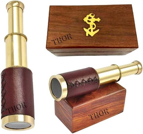 Antique Marine 6" Brass Handheld Telescope Pirate Nautical with Anchor Wooden Box Rustic Vintage Home Decor Gifts in Saudi Arabia