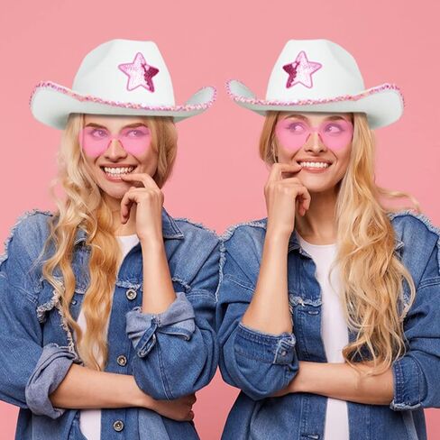 قبعة راعية البقر البيضاء من D-Fokes مع نظارات وأقراط على شكل قلب وردي - قبعة رعاة البقر مع نجوم ترتر، قبعة الأميرة، دعائم تنكرية للهالوين، قبعة حفلات راعية البقر العتيقة، تناسب معظم الفتيات والنساء in Kuwait